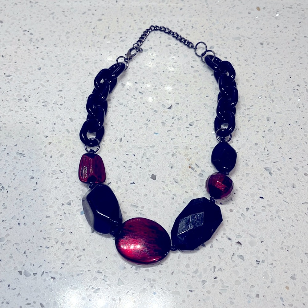Cherry amber beaded necklace/black chain links
